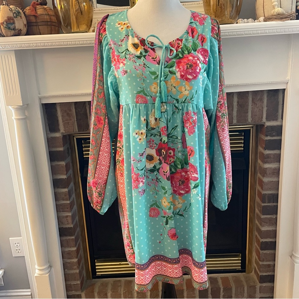 UMGEE Size S Floral Mixed Print Boho Mini Long Sleeve Babydoll Dress